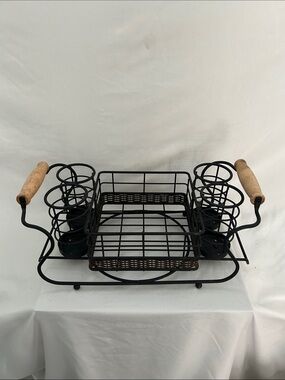 Black Metal Cutlery & Condiment Caddy with Wooden Handles